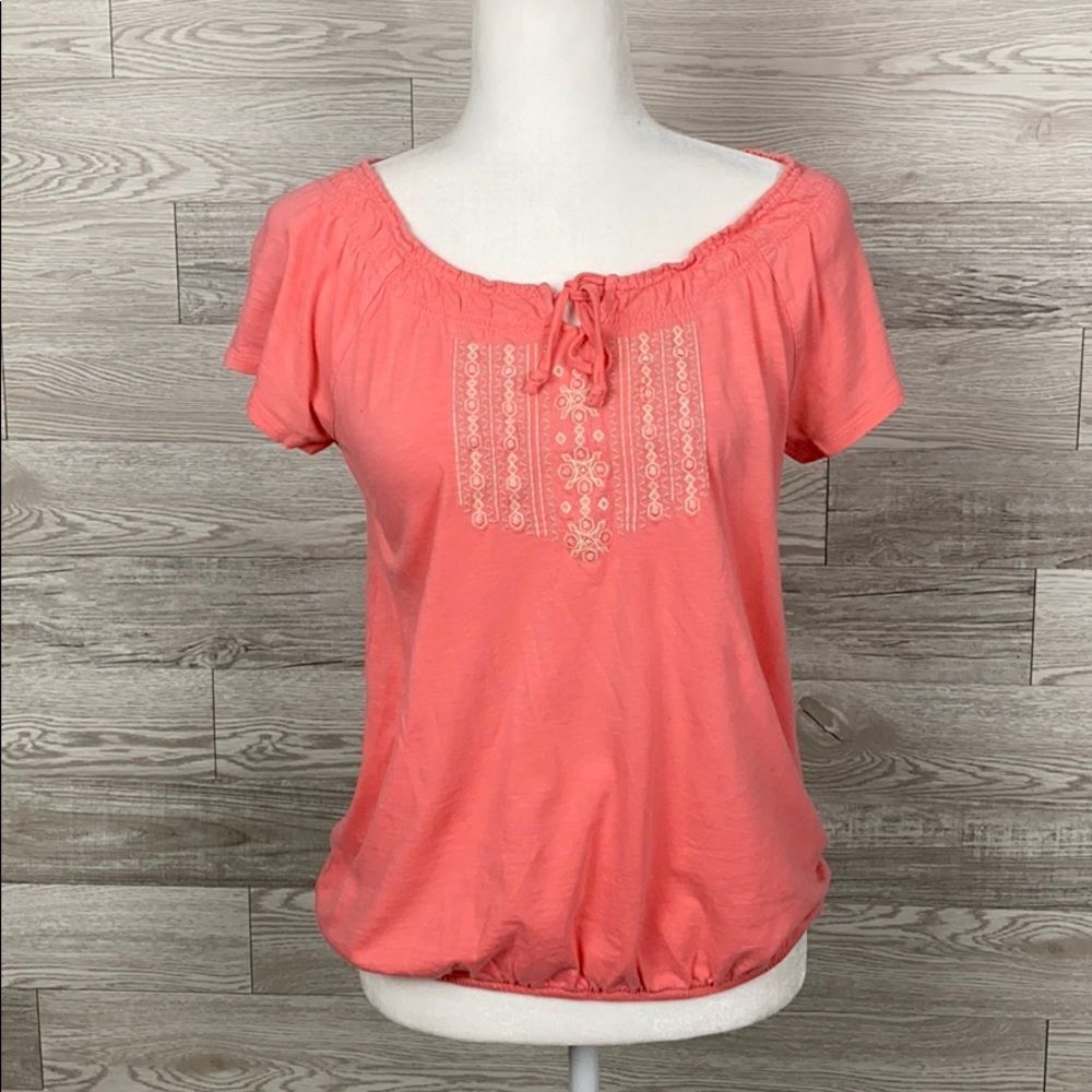 Somoma Peach Embroidered Short Sleeve Blouse